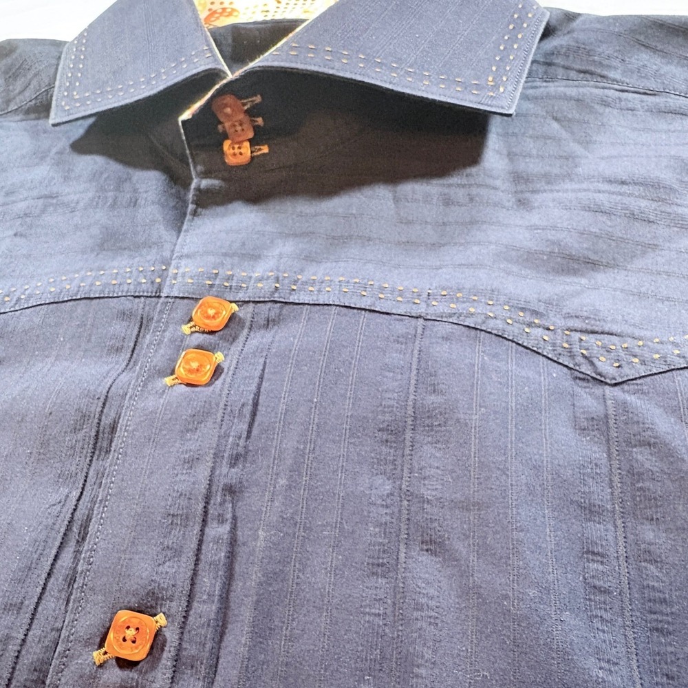 Bogosse‎ Mens Navy Blue Textured Cotton Button Down Shirt Contrast Stitch Size 5